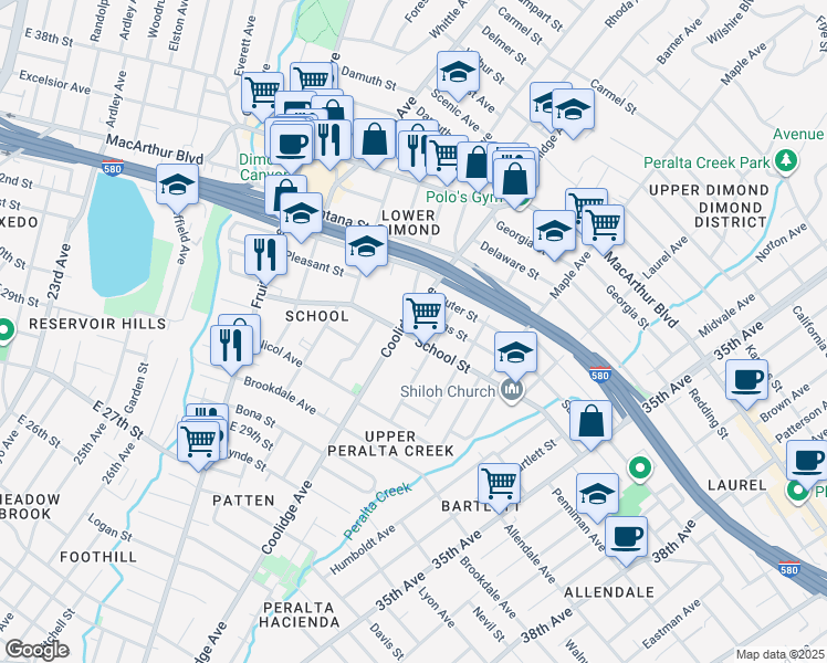 map of restaurants, bars, coffee shops, grocery stores, and more near 3162 Coolidge Avenue in Oakland