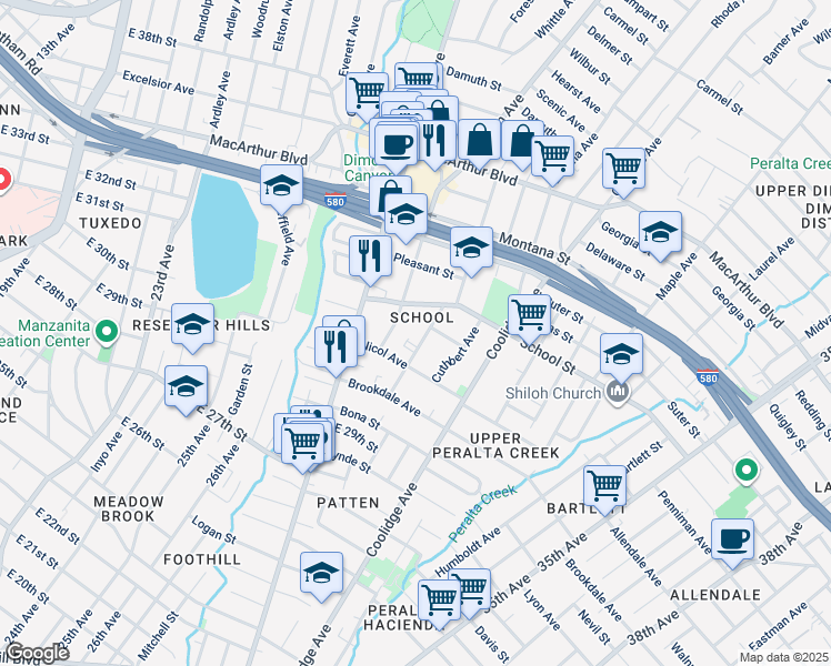 map of restaurants, bars, coffee shops, grocery stores, and more near 3022 Capp Street in Oakland