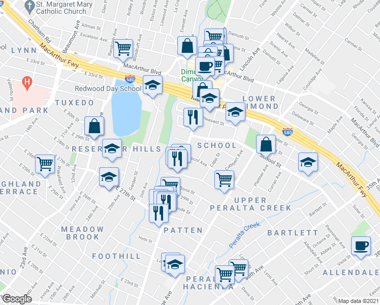 map of restaurants, bars, coffee shops, grocery stores, and more near 2952 Fruitvale Avenue in Oakland