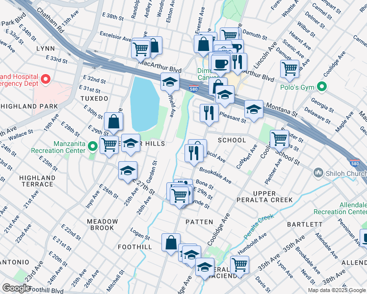 map of restaurants, bars, coffee shops, grocery stores, and more near 2627 Hickory Street in Oakland