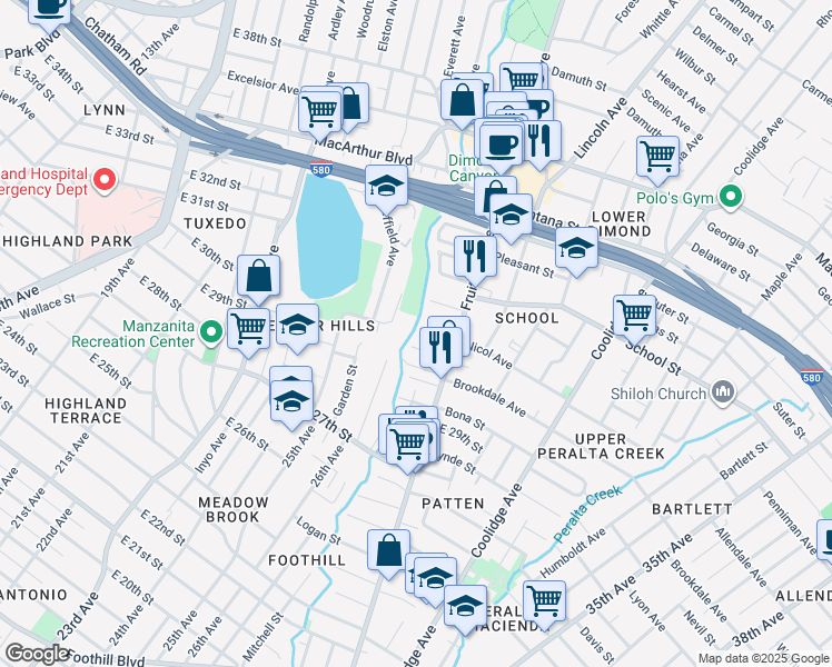 map of restaurants, bars, coffee shops, grocery stores, and more near 2627 Hickory Street in Oakland