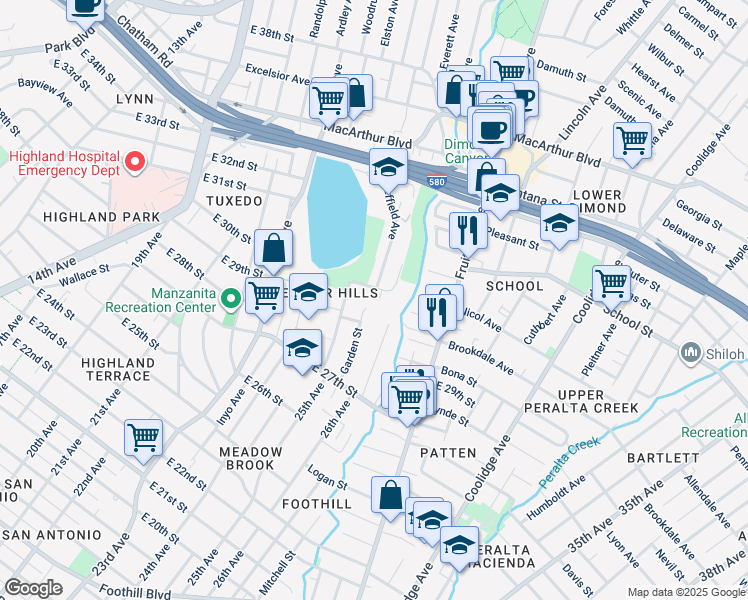 map of restaurants, bars, coffee shops, grocery stores, and more near 2794 Garden Street in Oakland