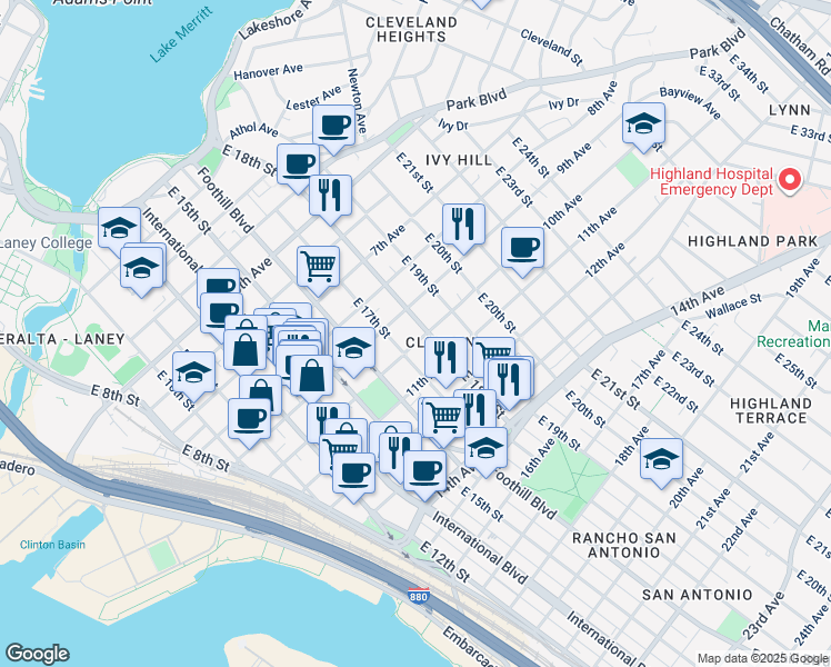 map of restaurants, bars, coffee shops, grocery stores, and more near 1650 10th Avenue in Oakland