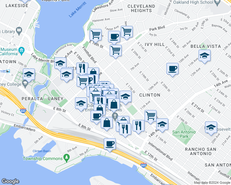 map of restaurants, bars, coffee shops, grocery stores, and more near 814 East 15th Street in Oakland