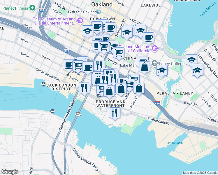 map of restaurants, bars, coffee shops, grocery stores, and more near 1111 Franklin Street in Oakland