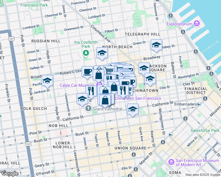map of restaurants, bars, coffee shops, grocery stores, and more near 115 Wetmore Street in San Francisco