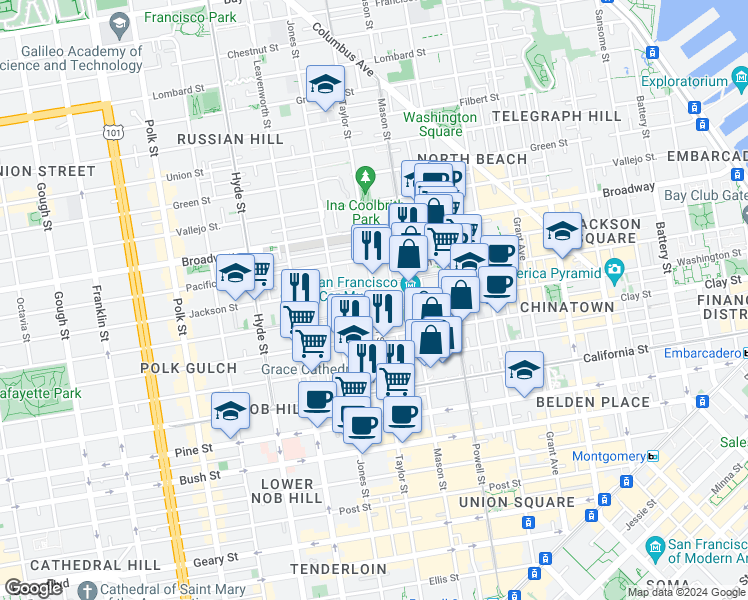 map of restaurants, bars, coffee shops, grocery stores, and more near in San Francisco
