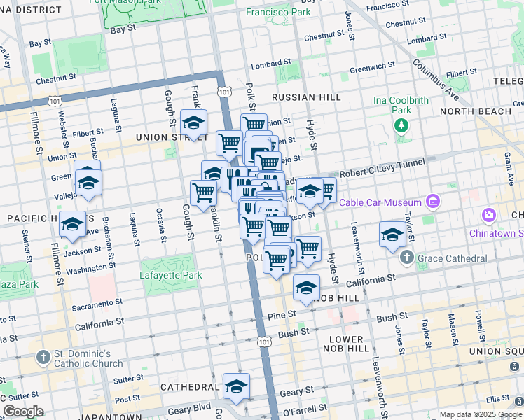 map of restaurants, bars, coffee shops, grocery stores, and more near 1653 Jackson Street in San Francisco