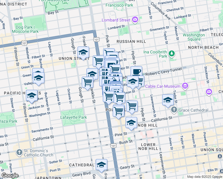 map of restaurants, bars, coffee shops, grocery stores, and more near 1653 Jackson Street in San Francisco