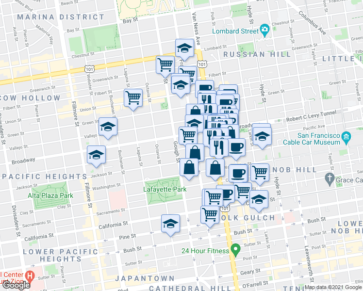 map of restaurants, bars, coffee shops, grocery stores, and more near 1830 Jackson Street in San Francisco