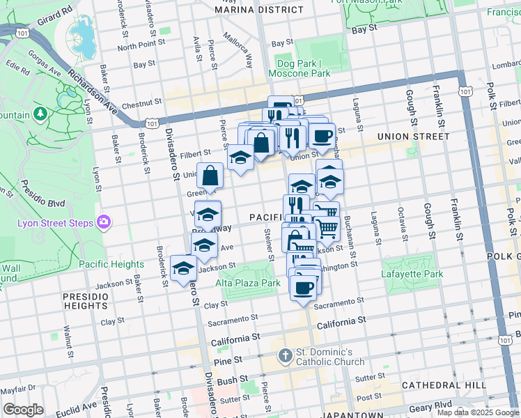 map of restaurants, bars, coffee shops, grocery stores, and more near 2454 Broadway in San Francisco