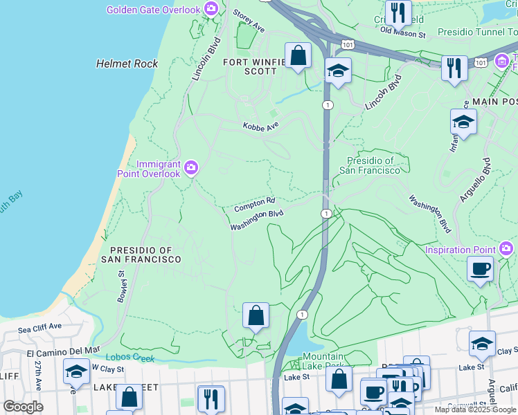 map of restaurants, bars, coffee shops, grocery stores, and more near 1403 Washington Boulevard in San Francisco
