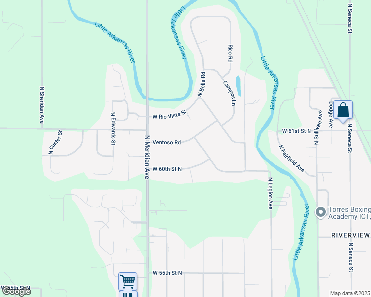 map of restaurants, bars, coffee shops, grocery stores, and more near 2122 W 60th Street North in Wichita