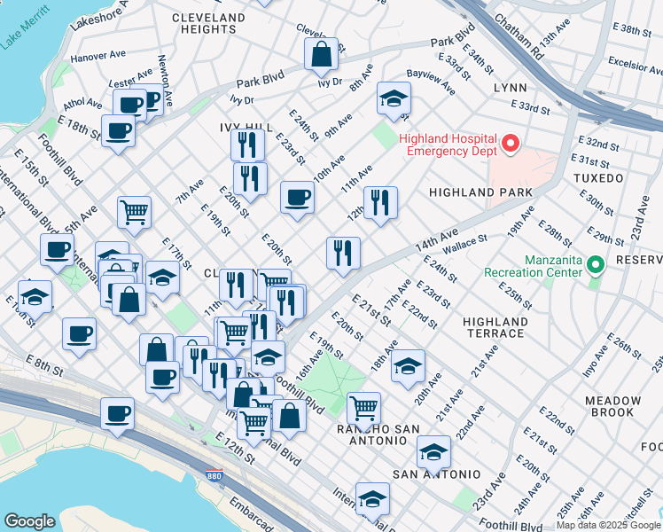 map of restaurants, bars, coffee shops, grocery stores, and more near 2101 13th Avenue in Oakland
