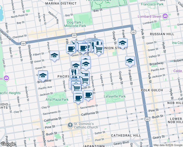 map of restaurants, bars, coffee shops, grocery stores, and more near Broadway & Buchanan St in San Francisco