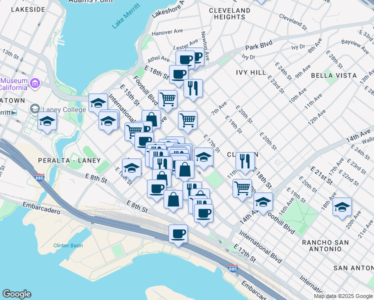 map of restaurants, bars, coffee shops, grocery stores, and more near 814 East 15th Street in Oakland