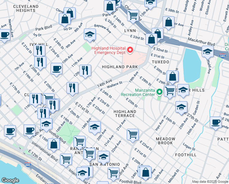 map of restaurants, bars, coffee shops, grocery stores, and more near 1843 East 25th Street in Oakland