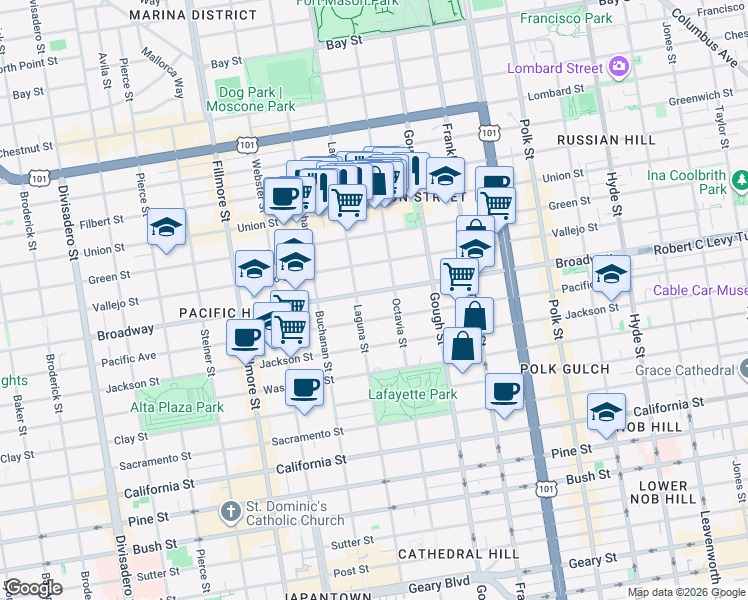 map of restaurants, bars, coffee shops, grocery stores, and more near 1955 Broadway in San Francisco