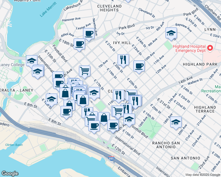 map of restaurants, bars, coffee shops, grocery stores, and more near 1739 10th Avenue in Oakland