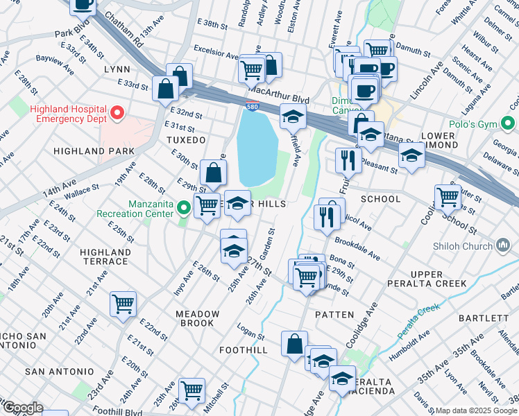 map of restaurants, bars, coffee shops, grocery stores, and more near 2821 25th Avenue in Oakland