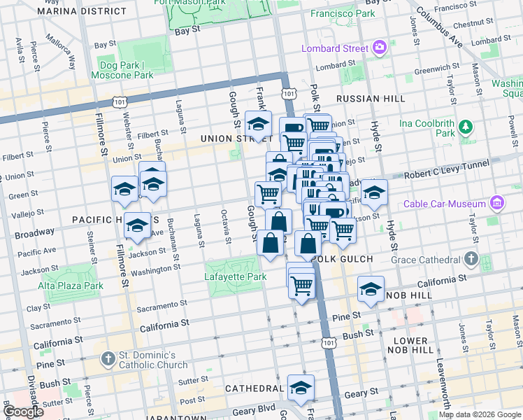 map of restaurants, bars, coffee shops, grocery stores, and more near 1870 Pacific Avenue in San Francisco