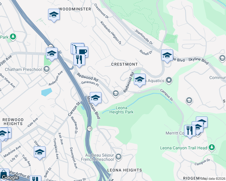 map of restaurants, bars, coffee shops, grocery stores, and more near 41 Sereno Circle in Oakland