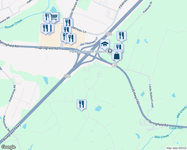 map of restaurants, bars, coffee shops, grocery stores, and more near 101 Manor Drive in Bardstown