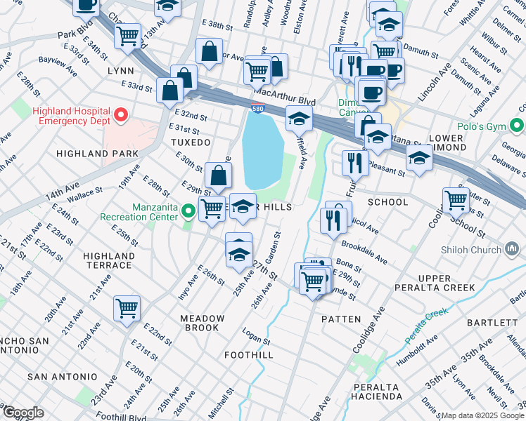map of restaurants, bars, coffee shops, grocery stores, and more near 2821 25th Avenue in Oakland