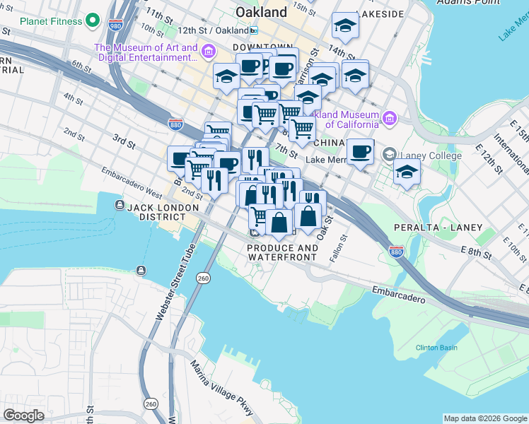 map of restaurants, bars, coffee shops, grocery stores, and more near 255 4th Street in Oakland