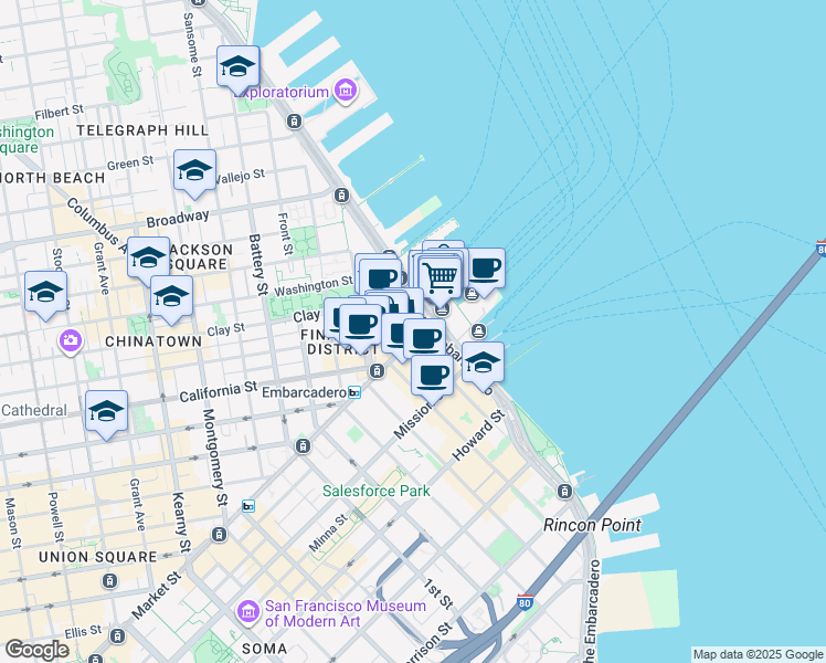 map of restaurants, bars, coffee shops, grocery stores, and more near 1 Steuart Street in San Francisco