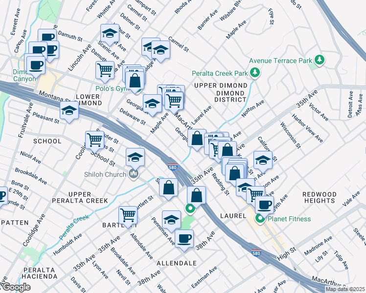 map of restaurants, bars, coffee shops, grocery stores, and more near 3228 Dakota Street in Oakland