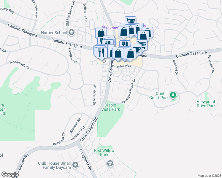 map of restaurants, bars, coffee shops, grocery stores, and more near 136 Blackstone Drive in Danville
