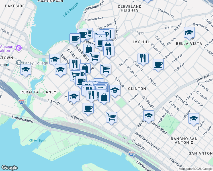 map of restaurants, bars, coffee shops, grocery stores, and more near in Oakland