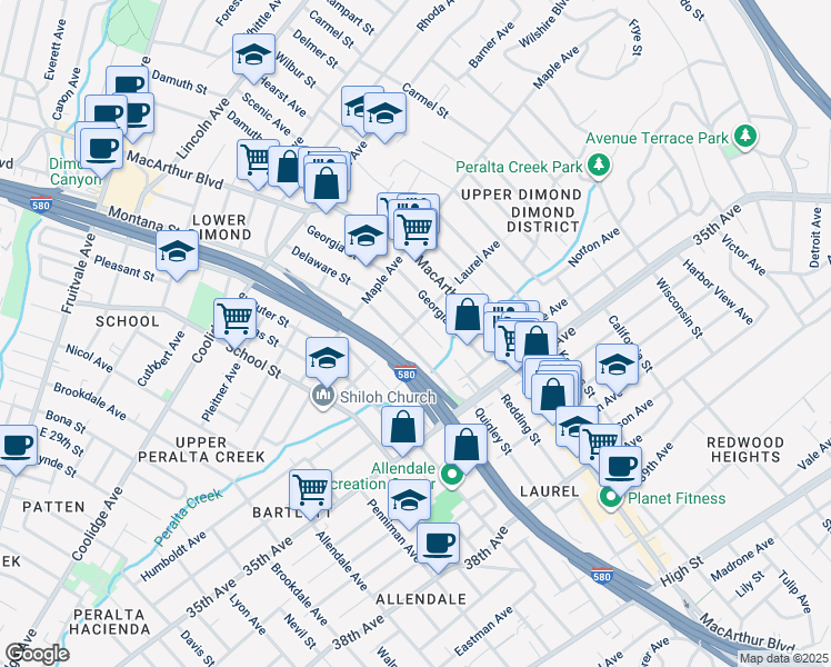 map of restaurants, bars, coffee shops, grocery stores, and more near 3057 Dakota Street in Oakland