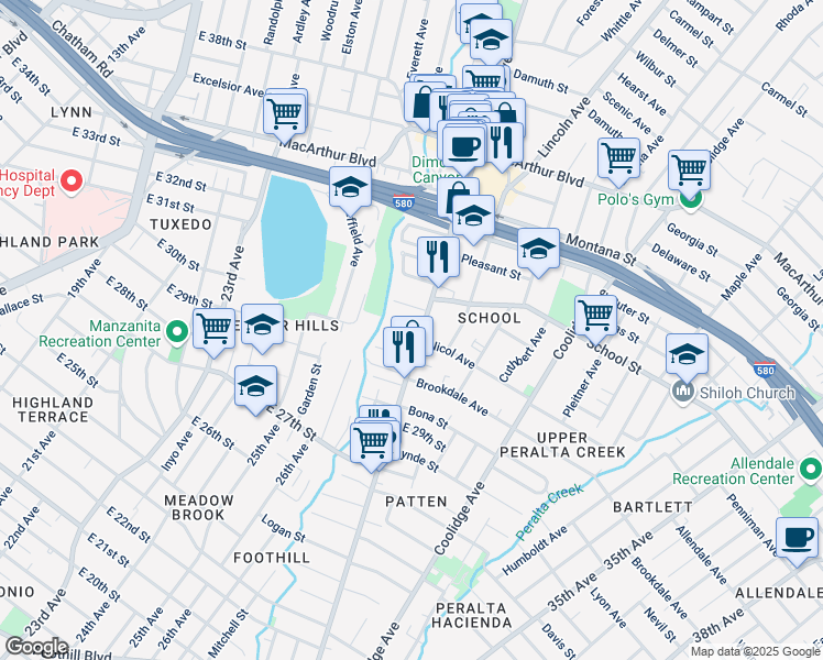 map of restaurants, bars, coffee shops, grocery stores, and more near in Oakland