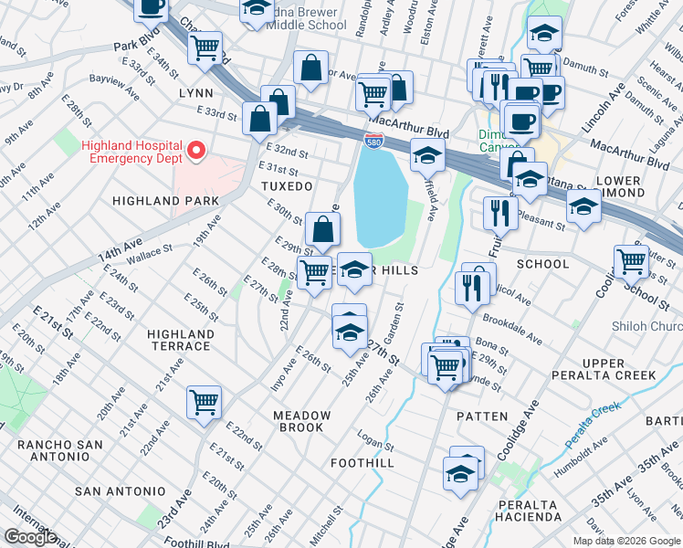 map of restaurants, bars, coffee shops, grocery stores, and more near in Oakland