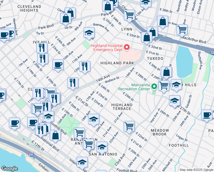 map of restaurants, bars, coffee shops, grocery stores, and more near 1408 East 25th Street Way in Oakland