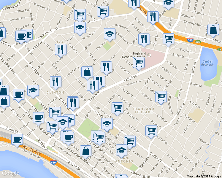 map of restaurants, bars, coffee shops, grocery stores, and more near 1332 East 23rd Street in Oakland