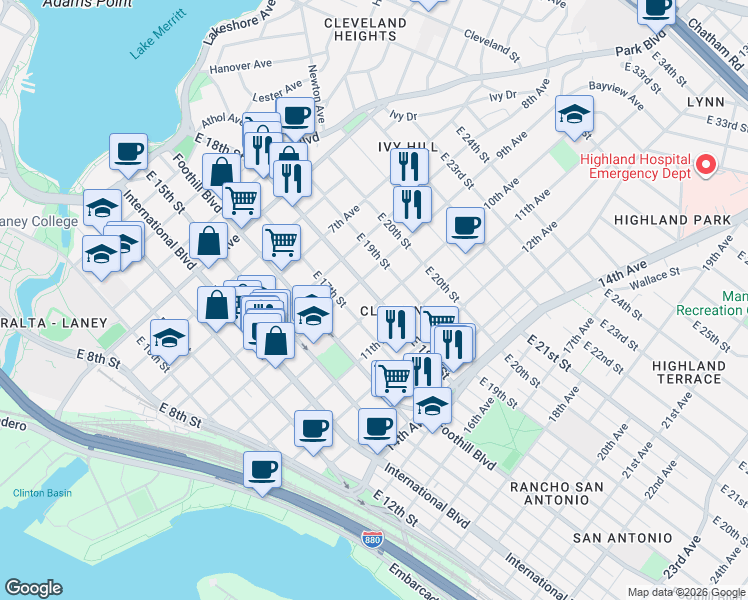 map of restaurants, bars, coffee shops, grocery stores, and more near in Oakland