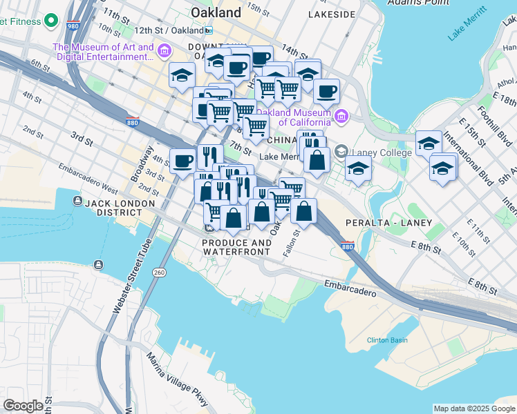 map of restaurants, bars, coffee shops, grocery stores, and more near in Oakland