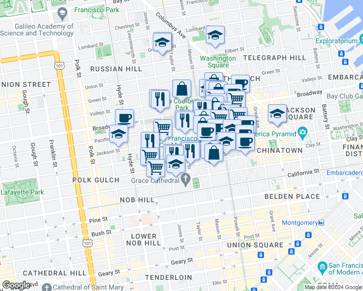 map of restaurants, bars, coffee shops, grocery stores, and more near in San Francisco