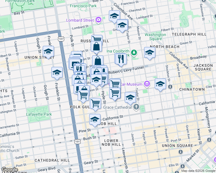 map of restaurants, bars, coffee shops, grocery stores, and more near 1387 Pacific Avenue in San Francisco