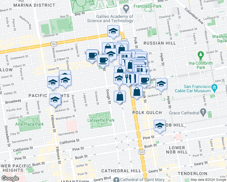 map of restaurants, bars, coffee shops, grocery stores, and more near 1730 Broadway in San Francisco