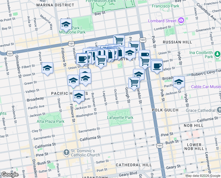 map of restaurants, bars, coffee shops, grocery stores, and more near 2511 Octavia Street in San Francisco
