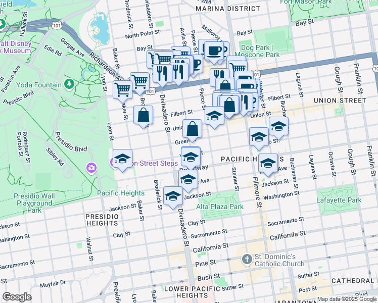 map of restaurants, bars, coffee shops, grocery stores, and more near 2761 Scott Street in San Francisco