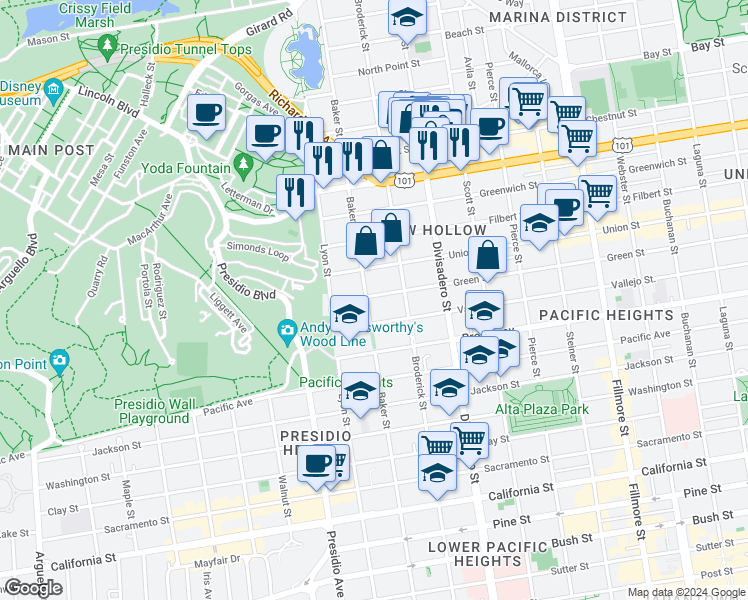 map of restaurants, bars, coffee shops, grocery stores, and more near 2640 Baker Street in San Francisco