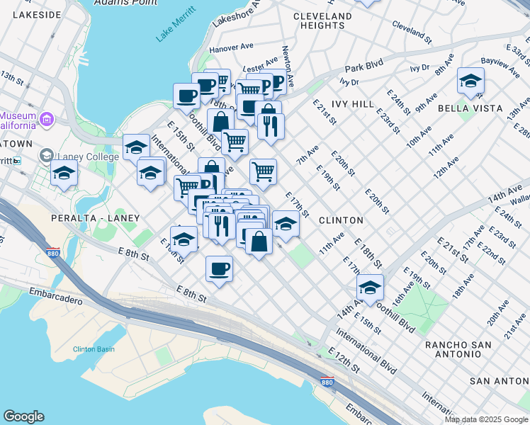 map of restaurants, bars, coffee shops, grocery stores, and more near in Oakland