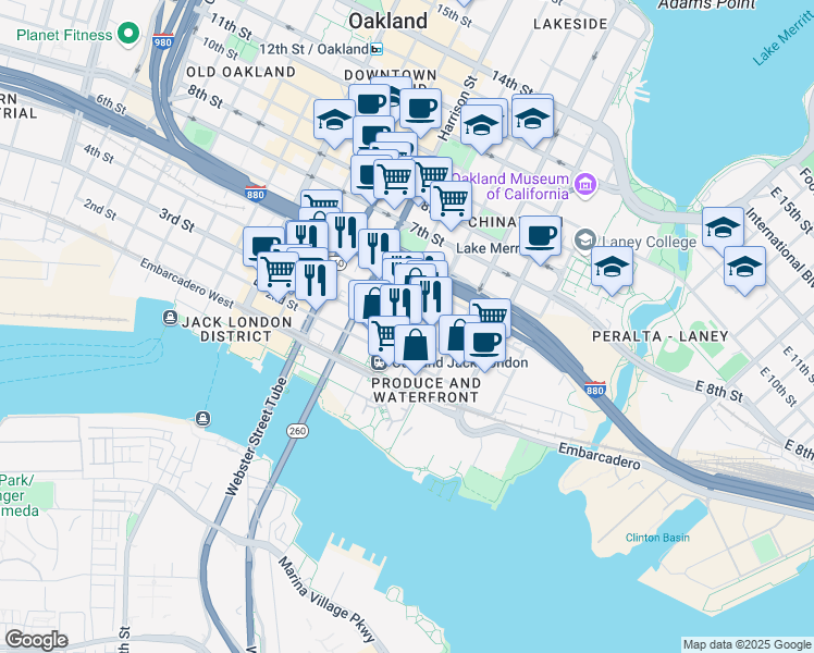 map of restaurants, bars, coffee shops, grocery stores, and more near 255 4th Street in Oakland
