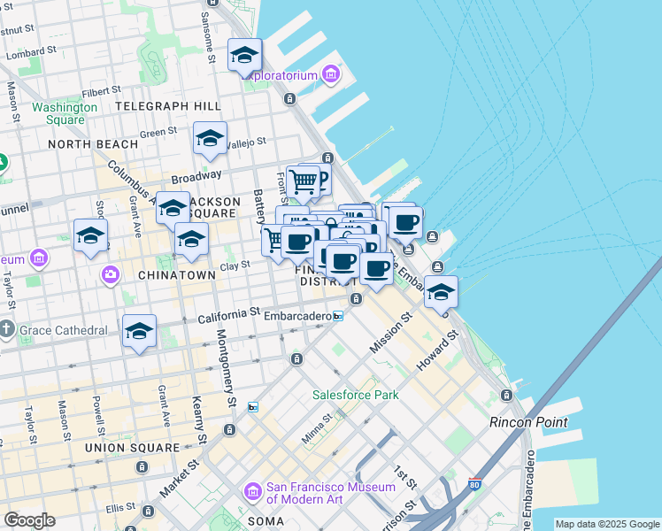 map of restaurants, bars, coffee shops, grocery stores, and more near 3 Embarcadero Center in San Francisco