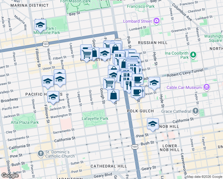 map of restaurants, bars, coffee shops, grocery stores, and more near 1730 Broadway in San Francisco